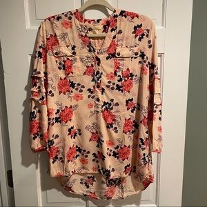 Matilda Jane Livery Millie Pink Floral Ruffle Blouse Top, Size Medium